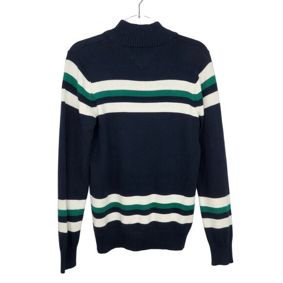 Vintage Tommy Hilfiger Women's Navy & Green Knit Striped Quarter Zip Sweater XL - Picture 2 of 7